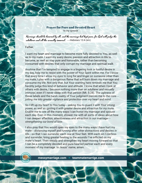 Prayer for Pure and Devoted Heart in Marriage. This prayer is a printable available on messymarriage.com. #prayer #marriage #pureheart #devotion #faithful